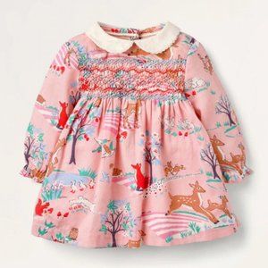 Woodland Creatures Girls Smocked Long Sleeve Dress